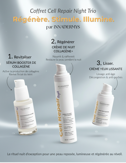 Coffret Cell Repair Night Trio par Innadermys - Régénère. Stimule. Illumine. - 3 soins: Sérum booster de collagène, Crème de nuit collagène+ et Crème yeux lissante