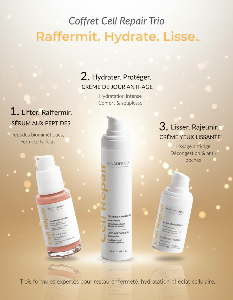 Rituel Anti-Âge complet Innadermys – Sérum, Crème visage et Contour des yeux naturels et bio-tech. Hydrate, lisse et repulpe la peau. Regard reposé et éclat durable.