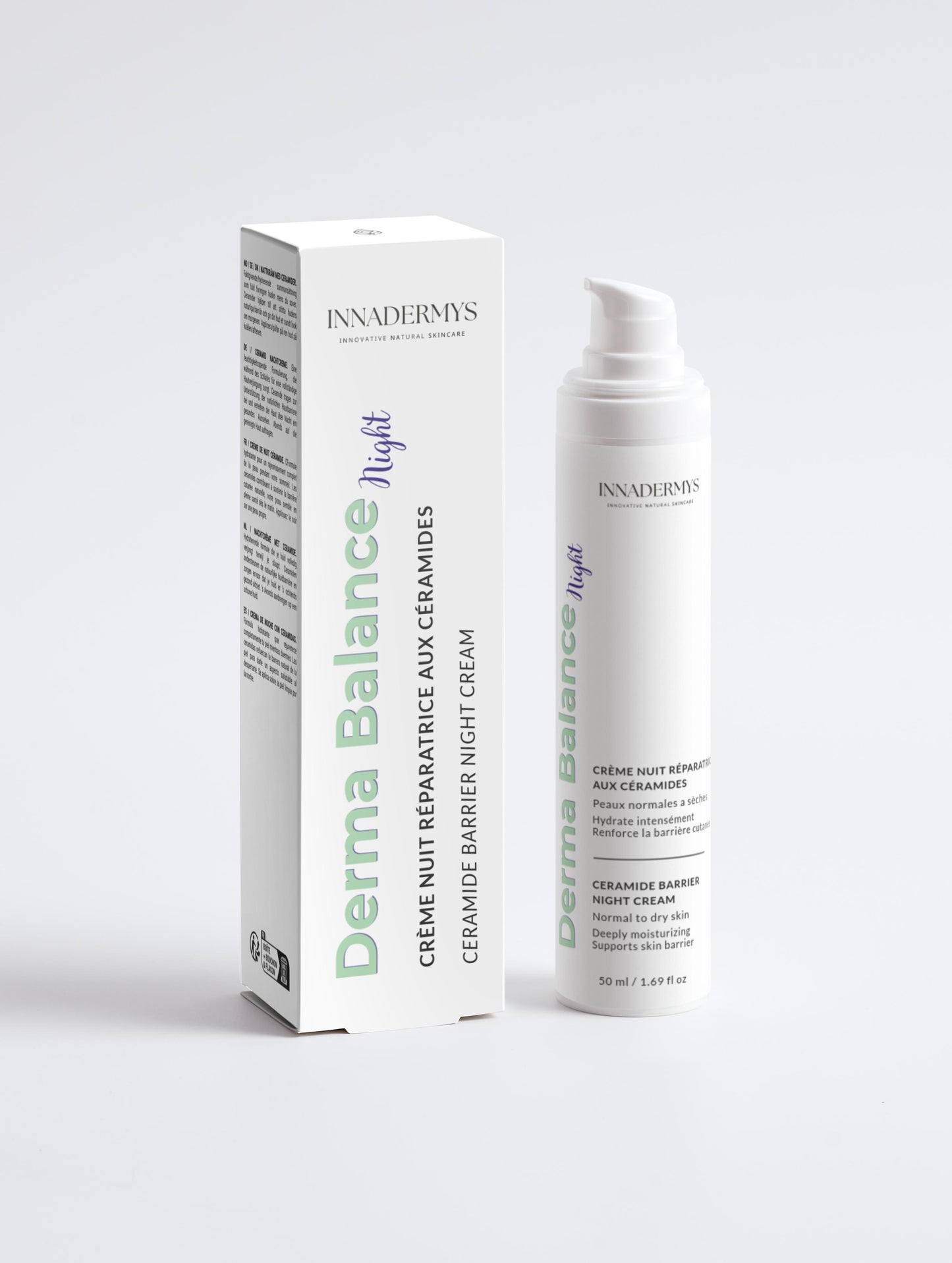 Flacon airless de crème de nuit régénératrice aux céramides et sa boite