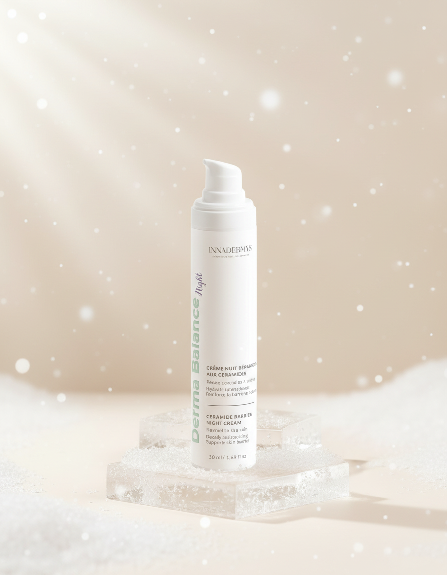 Tube de crème de nuit réparatrice aux céramides sur un fond d'hiver 