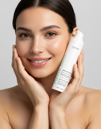 Jolie femme avec un flacon de Crème hydratante jour Hydra sens Innadermys