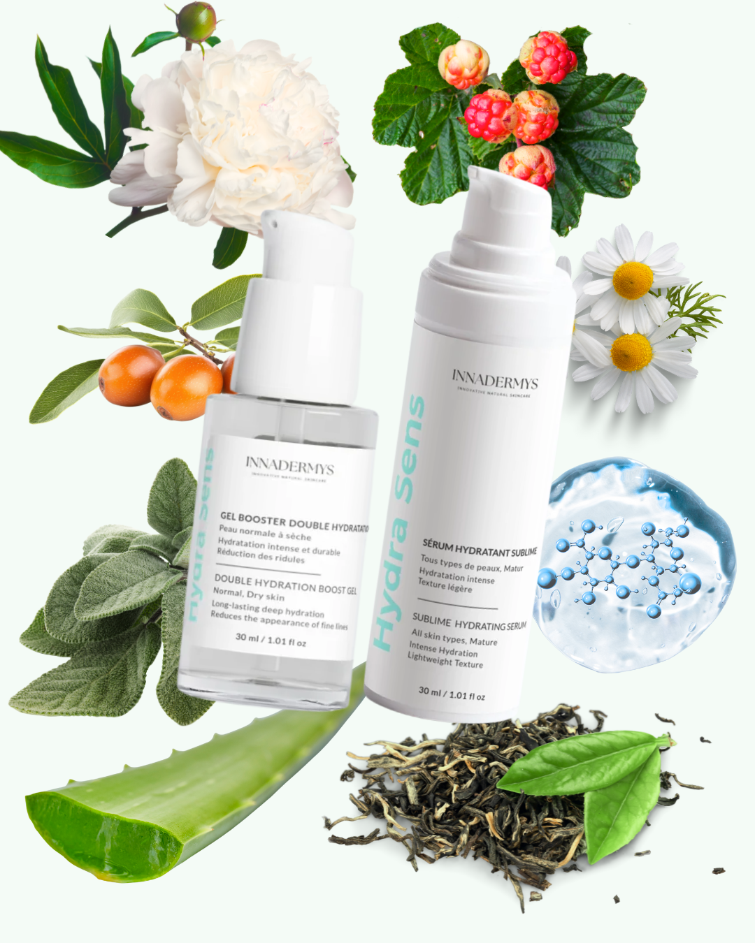 Ingredients clé du Sèrum hydratant sublim et du Gel booster double hydratation