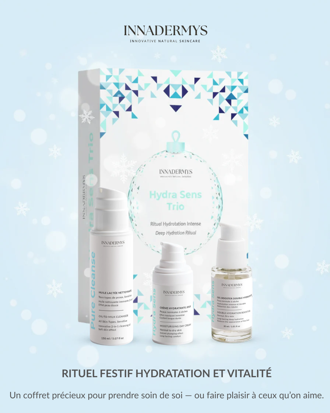 Coffret de Noel Hydra Sens Trio - Rituel Hydratation Intense - Un coffret précieux pour prendre soin de soi - ou faire plaisir à ceux qu'on aime.