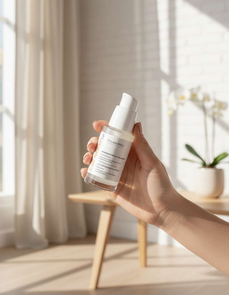 Main tenant un flacon de Sérum Booster de Collagène Cell Repair Night Innadermys