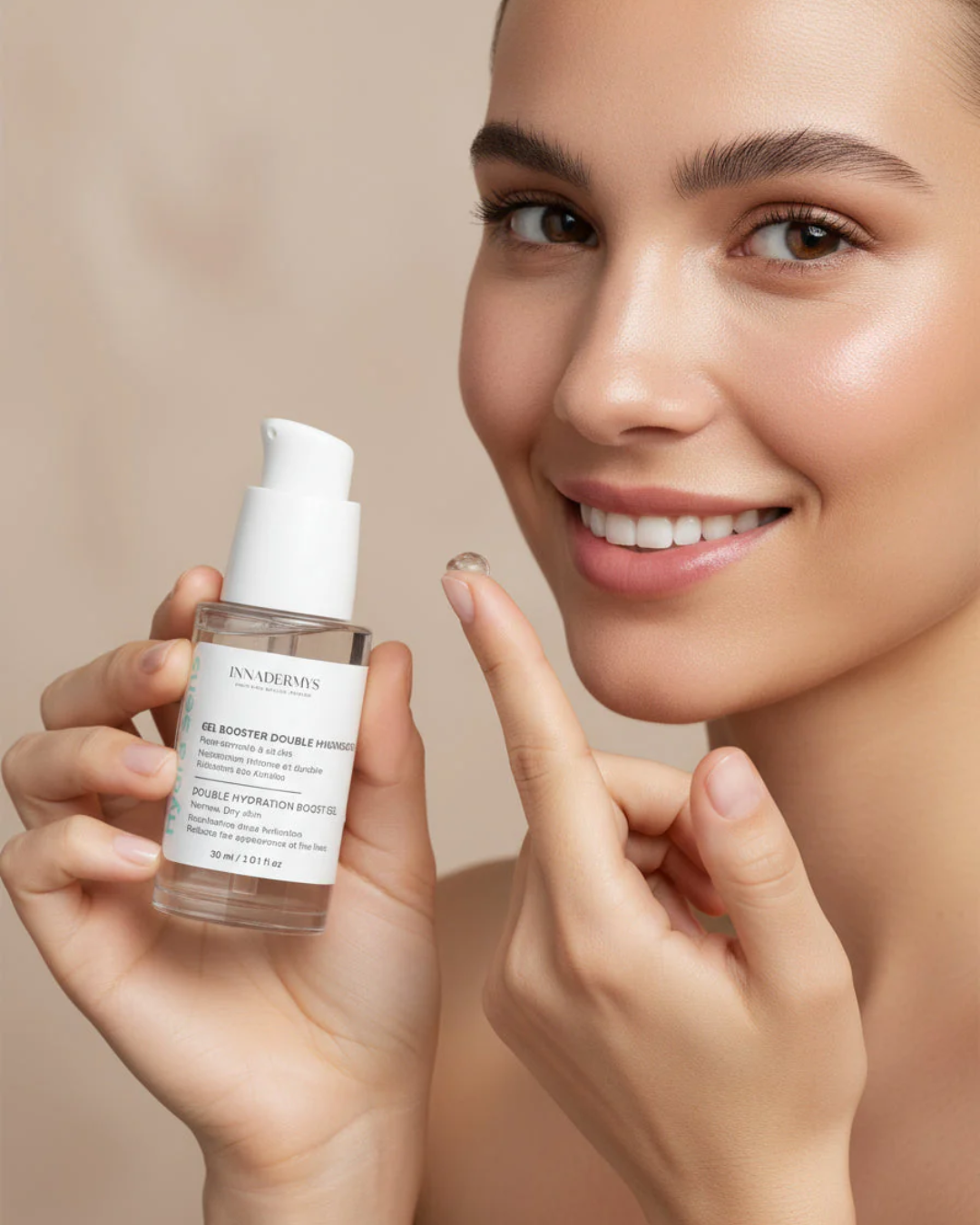 Jolie femme utilisant le Gel booster double hydrataton