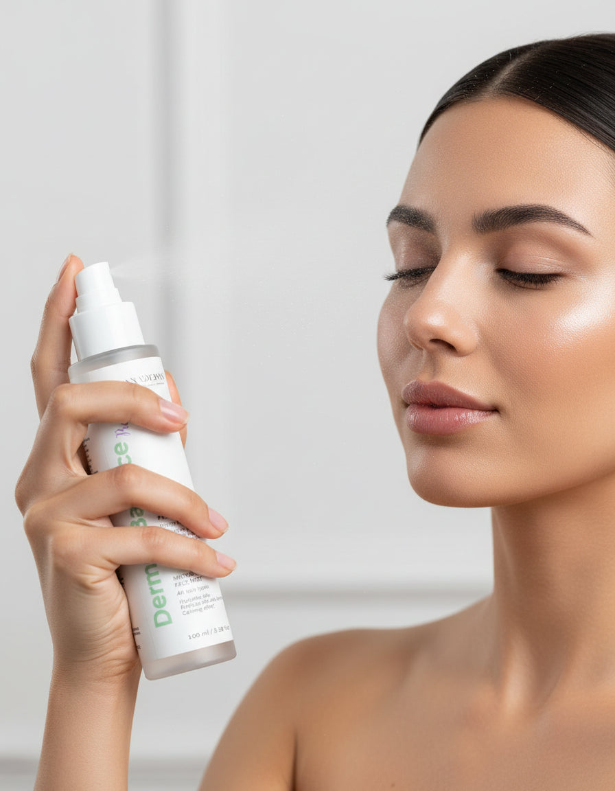 Jolie femme pulvérisant de la brume bioactive aux prébiotiques sur son visage