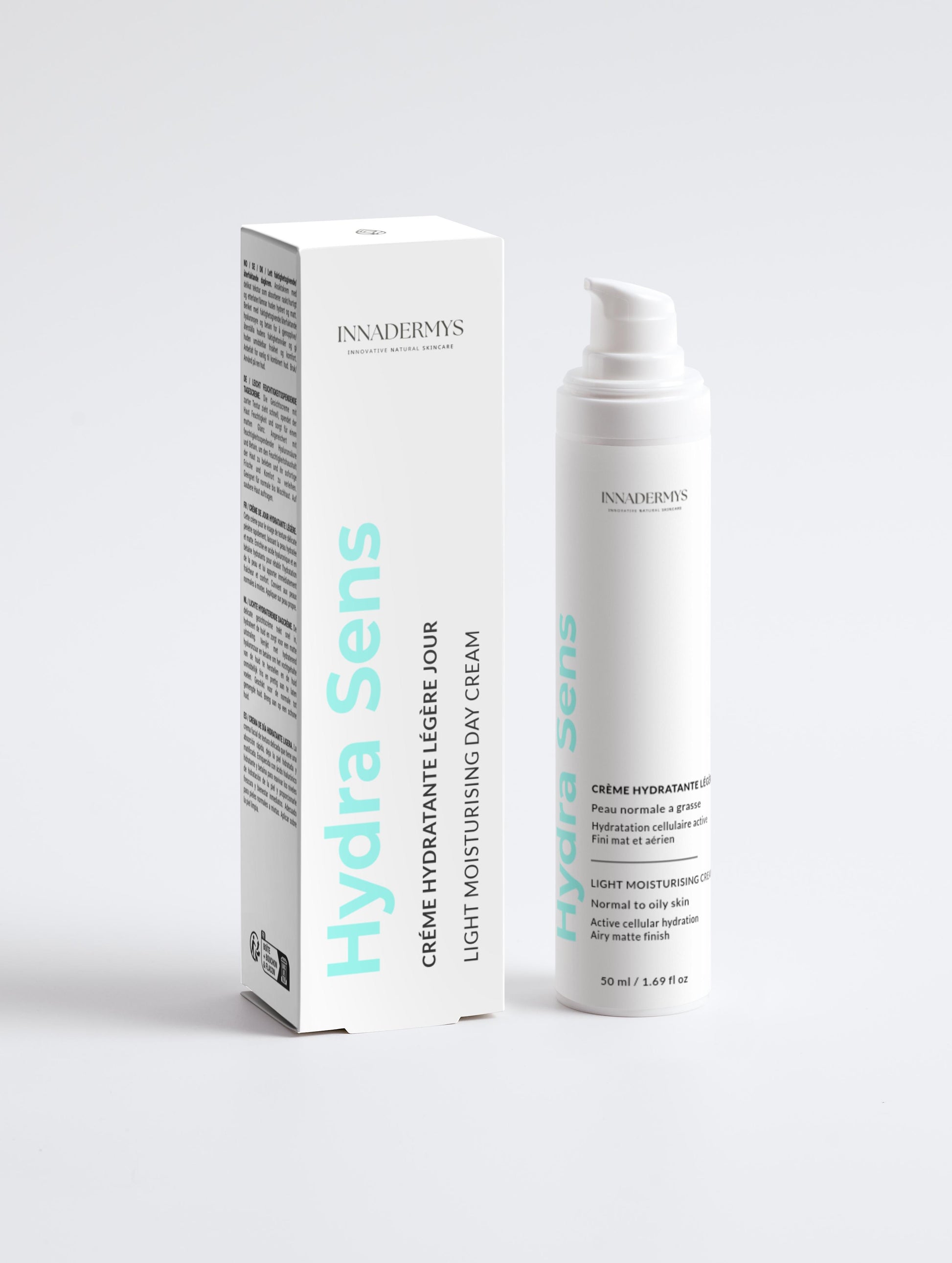 Flacon et boite Crème hydratante légère jour Hydra sens Innadermys