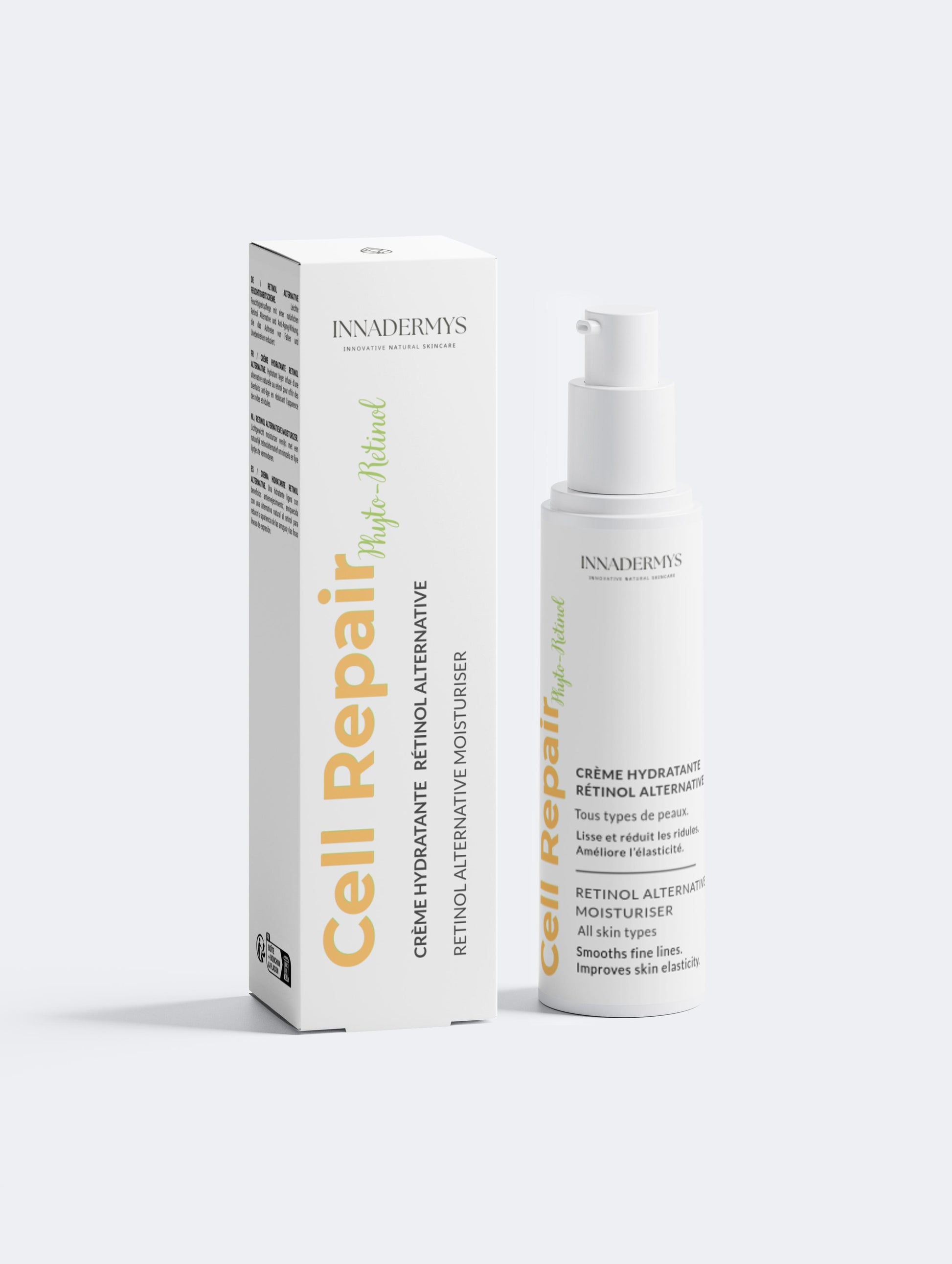 Flacon et boite Crème hydratante retinol alternative Cell Repair Phyto-Retinol Innadermys