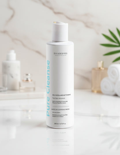 tube d'eau micellaire nettoyante Pure Cleanse Innadermys dans la salle de bain