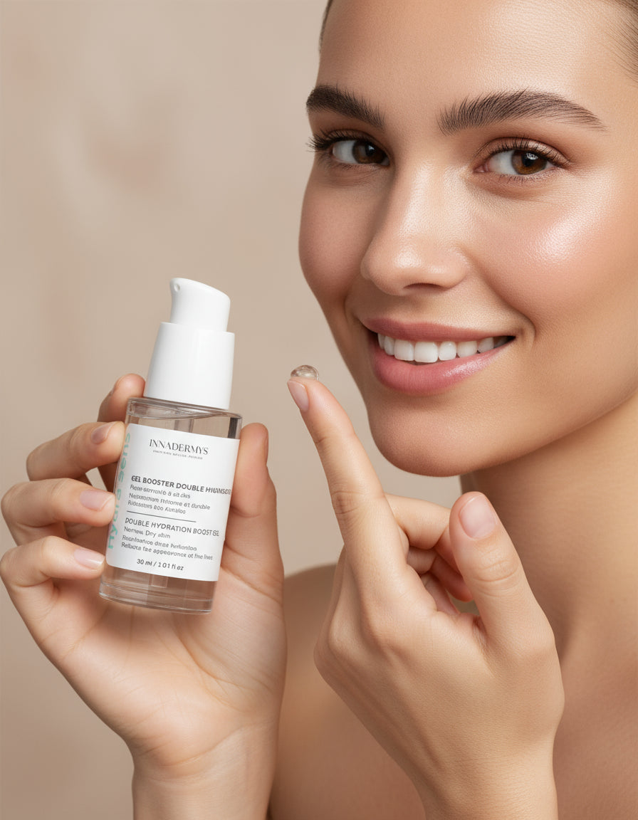 Jolie femme montrant le flacon Gel booster double hydratation Hydra Sens Innadermys