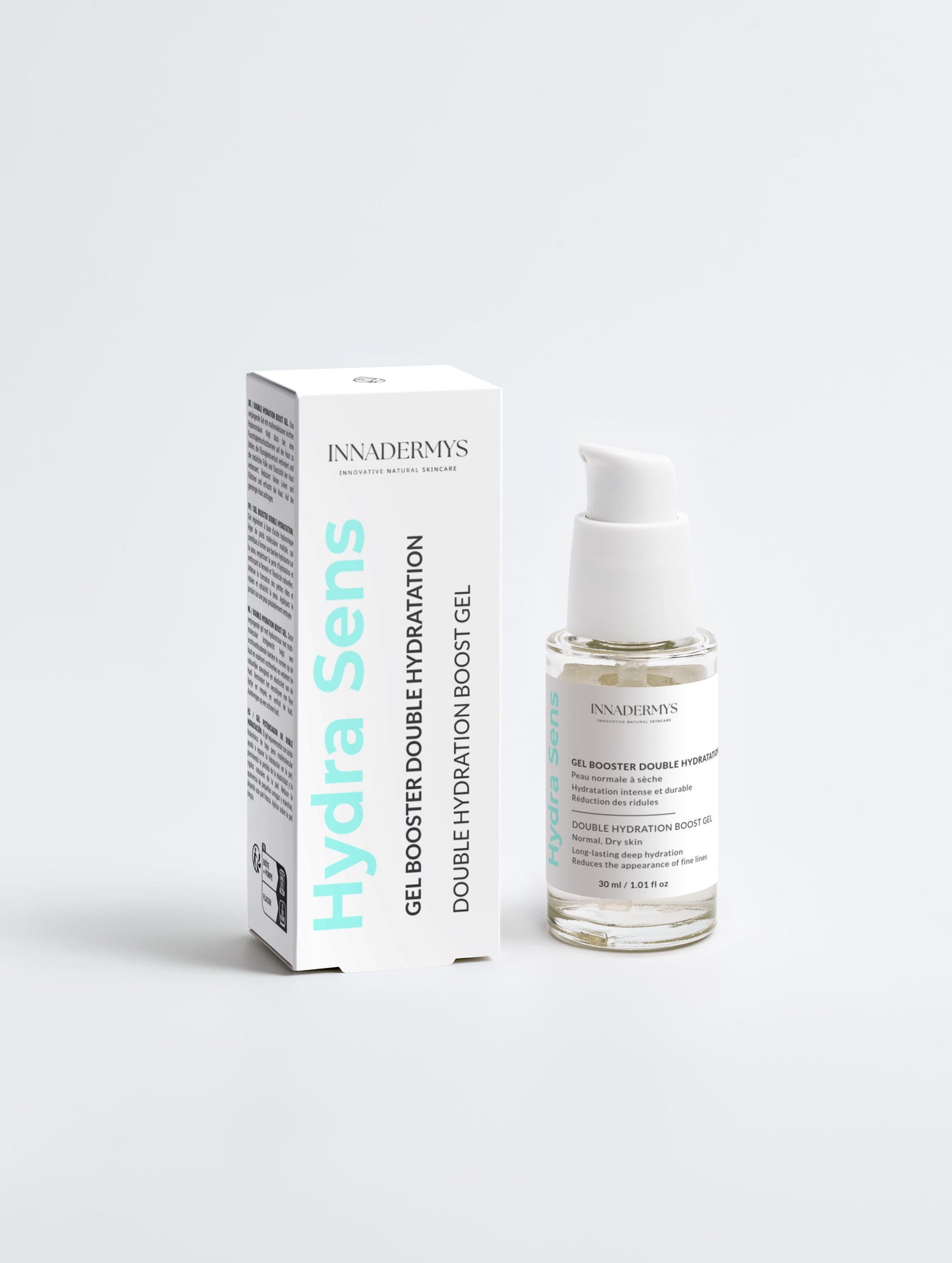 Flacon et boite Gel booster double hydratation Hydra Sens Innadermys