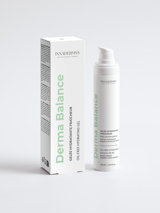 Flacon et boite Gelée hydratante fraicheur de la gamme Derma Balance Innadermys