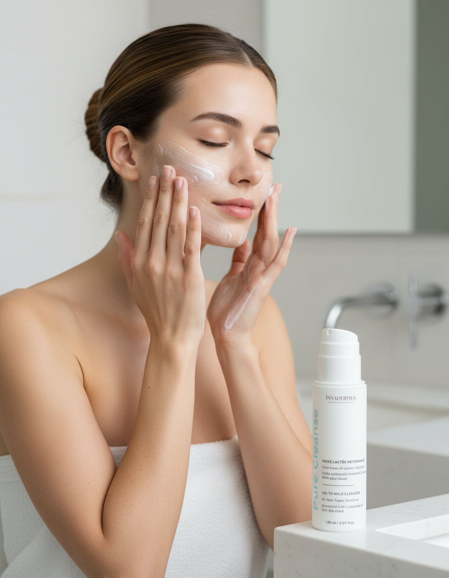 Femme nettoyant son visage avec l'huile lactée nettoyante Innadermys