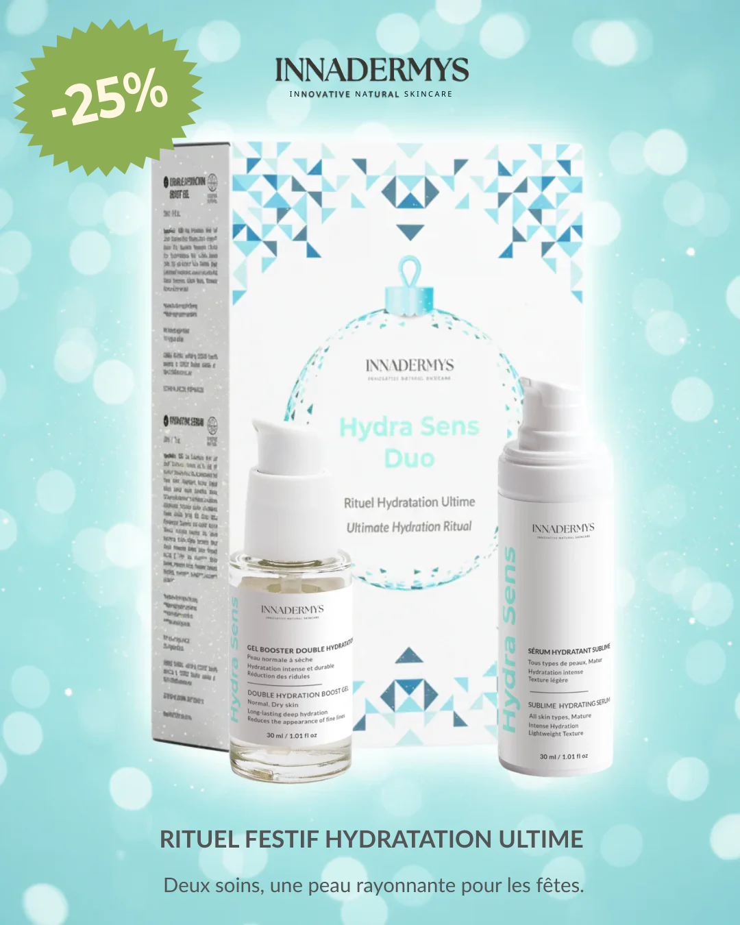 Coffret Noel édition limitée Hydra Sens Duo Rtuel Hydratation Ultime Innadermys, sèrum et gel booster