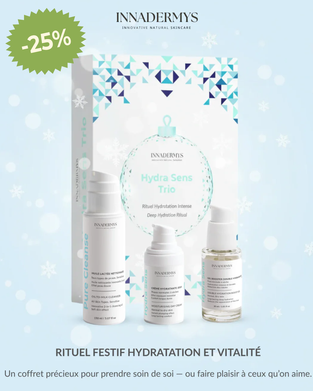 Hydra Sens Trio Rituel Hydratation intense Innadermys avec Huile lactée nettoyante, Crème hydratante de jour et Gel booster double hydratation
