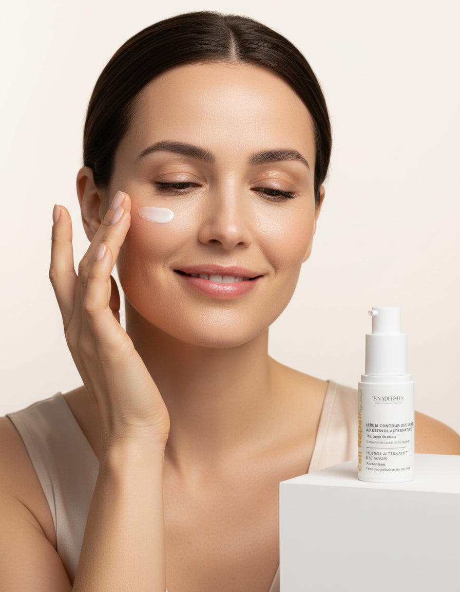 Jolie femme appliquant le Sérum contour des yeux au rétinol alternative Cell Repair PhytoRetinol Innadermys